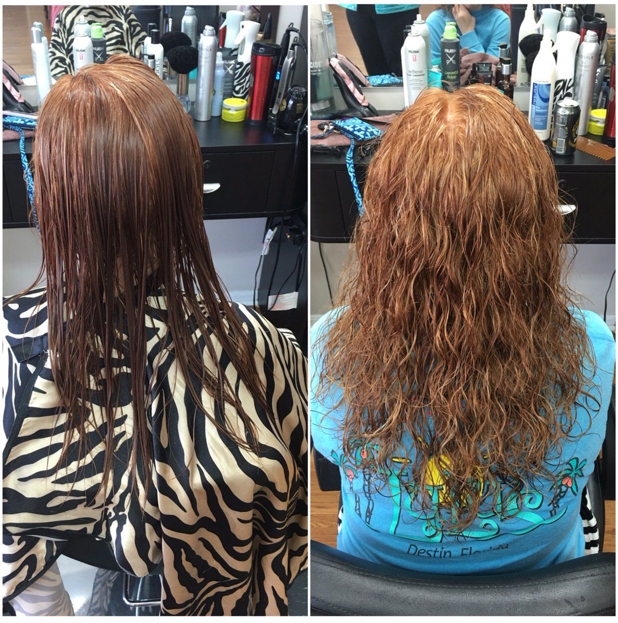 Hair salon before-and-after: straight wet hair vs curly styled hair from the back