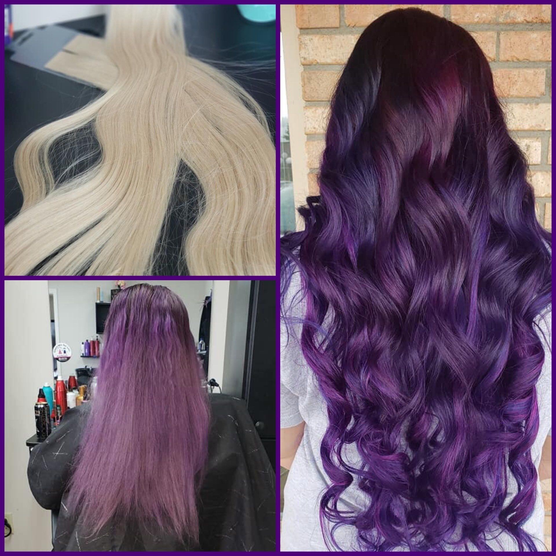 Three photos of long wavy hair in blonde and purple shades, showing before-and-after color transformation.
