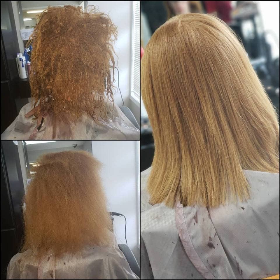 Hair transformation collage: damaged, frizzy blonde hair before and smoother, straightened blonde bob after.