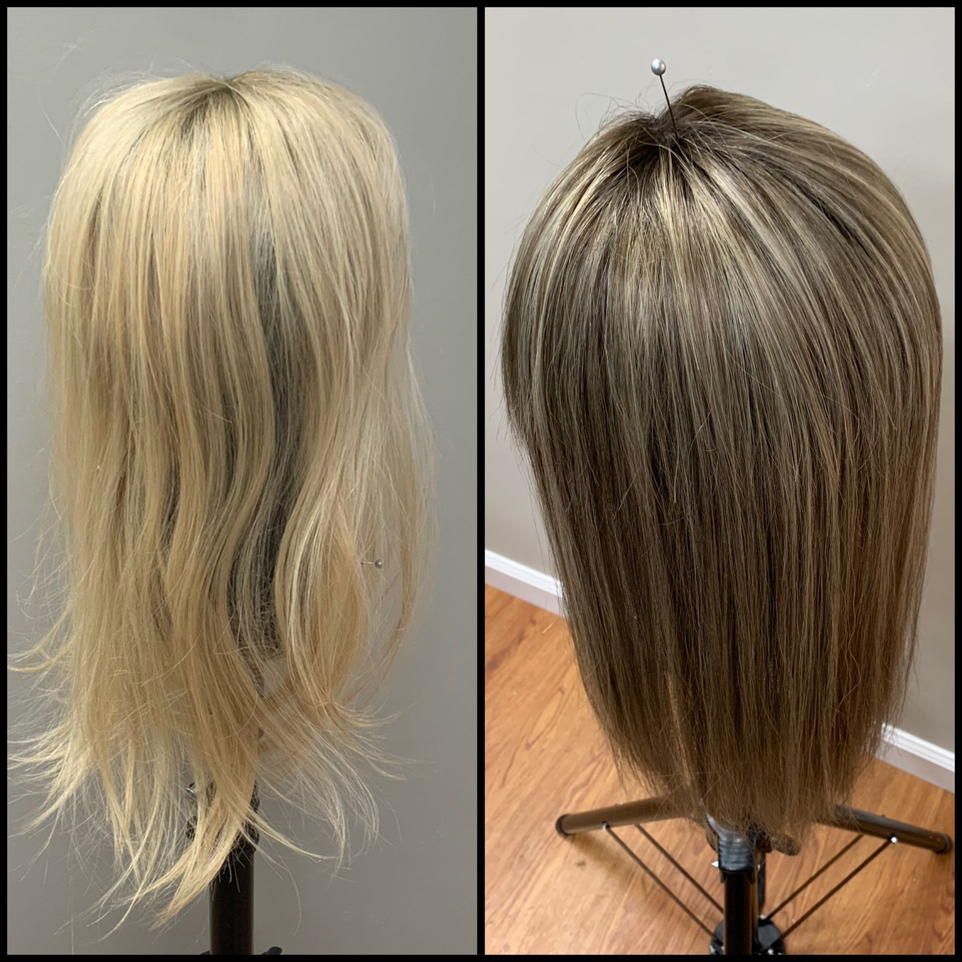 Side-by-side view of blonde hair before and after lowlights on a mannequin stand