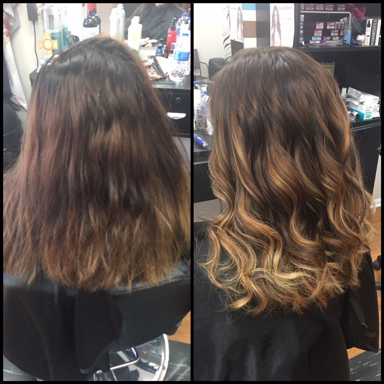 Salon hair transformation: long brown hair with soft blonde curls after a fresh cut and color