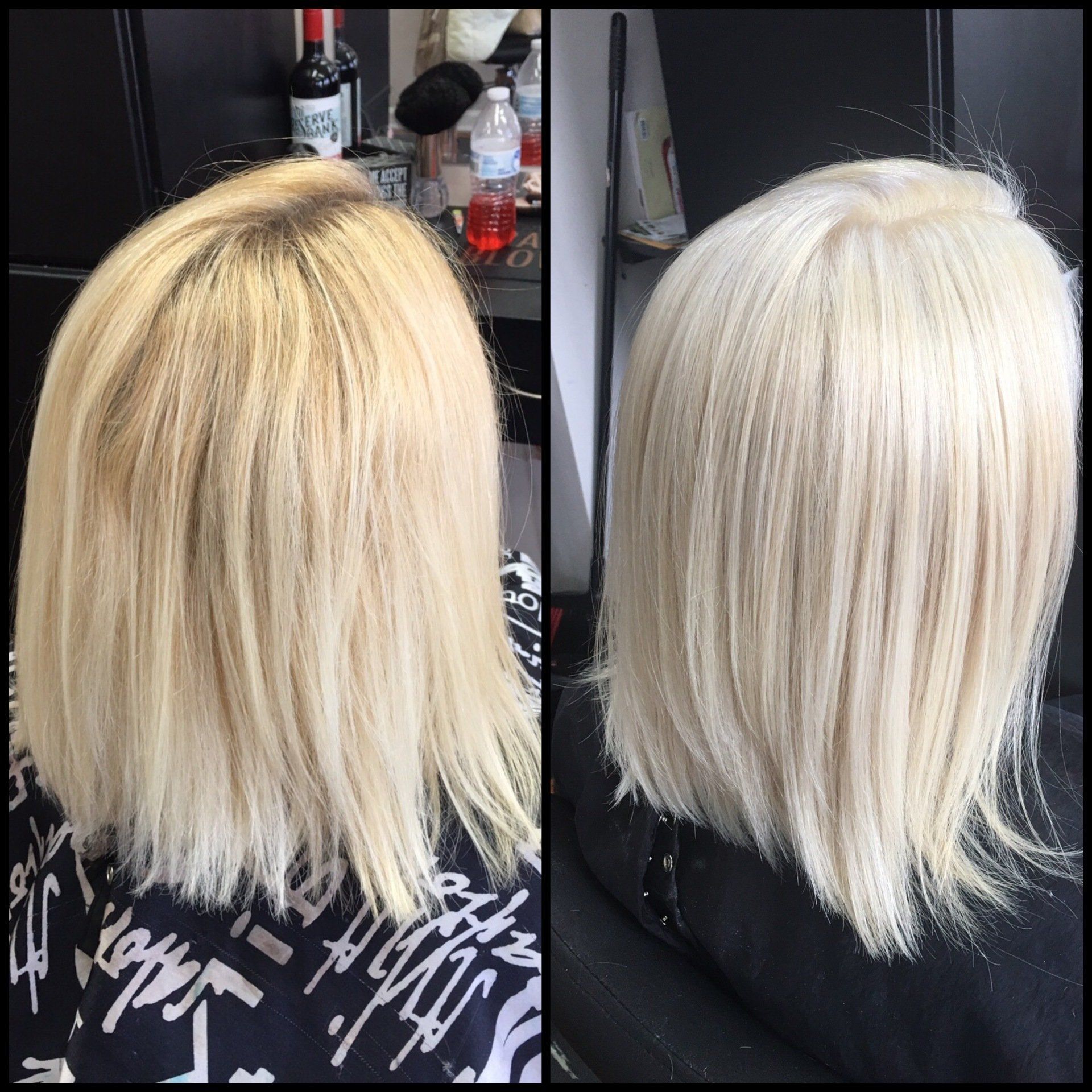 Side-by-side photos of blonde hair before and after toning, showing a cooler platinum shade