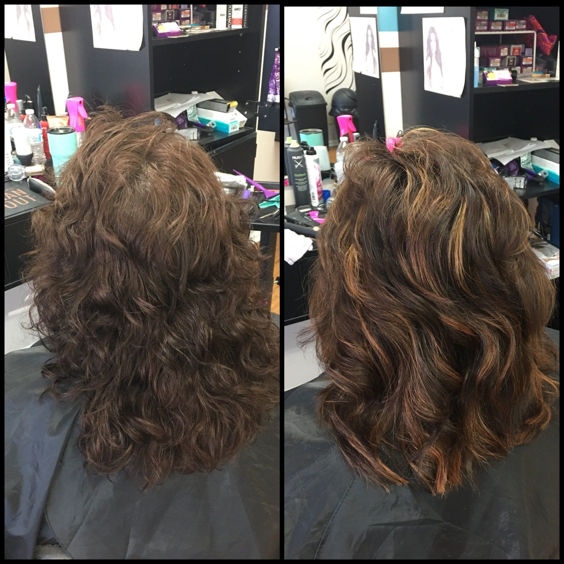 Hair salon before-and-after: wavy brown hair with subtle blonde highlights, showing added shine and definition