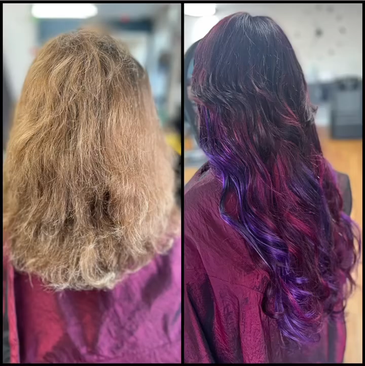 Side-by-side salon hair transformation: frizzy blonde before, smooth wavy purple ombré after.