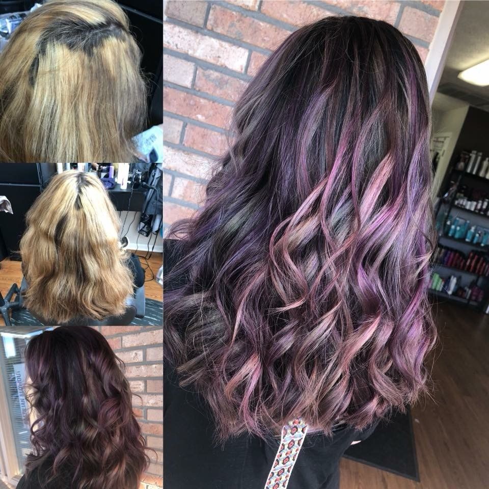 Collage of dark brown hair with blonde roots and a wavy purple balayage finish