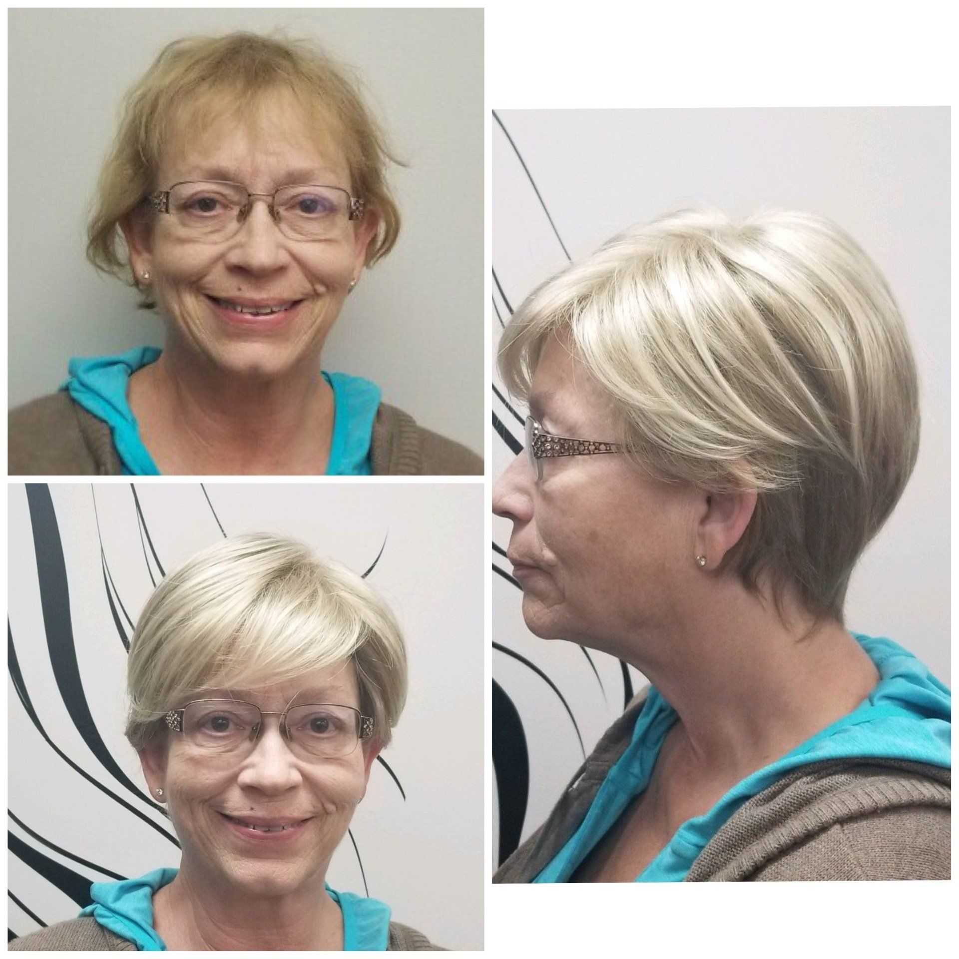 Three views of a smiling woman with short blonde hair and glasses, wearing a teal top and brown cardigan.