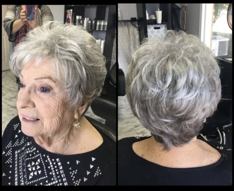 Salon before-and-after of a woman with short gray hair, shown from front and back in a black top