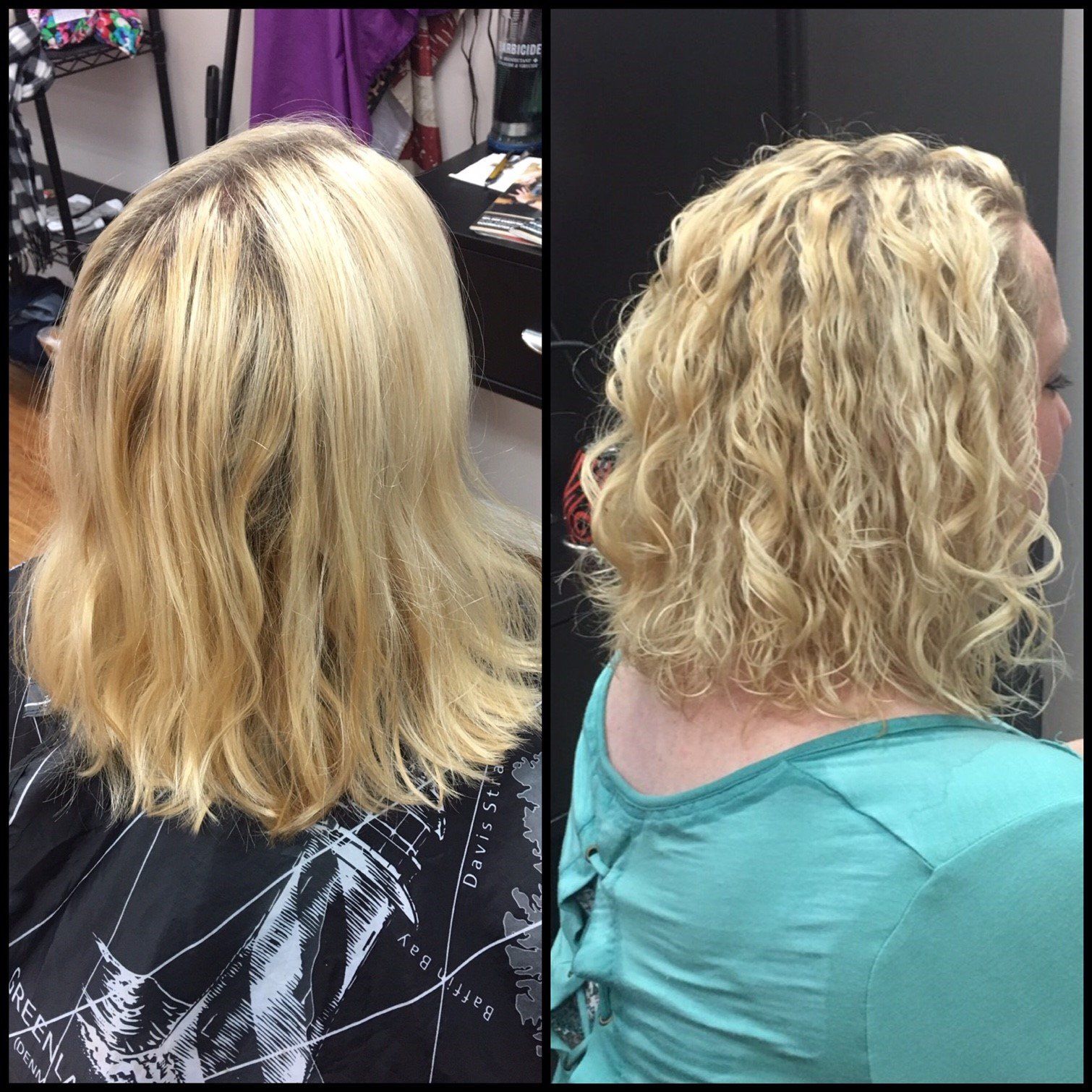 Side-by-side salon photos of blonde hair, before straight and after curly styling.