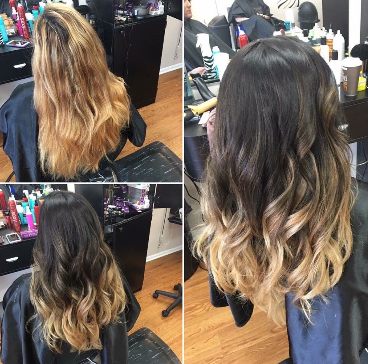 Before and after salon view of long dark hair transformed into wavy blonde ombré ends.