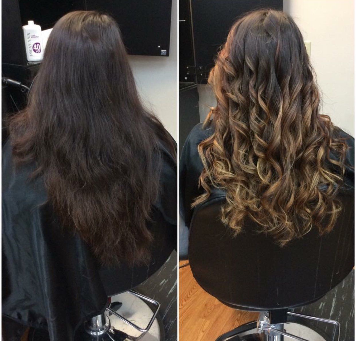 Before-and-after salon photo of long dark hair transformed into loose curled waves with golden highlights.