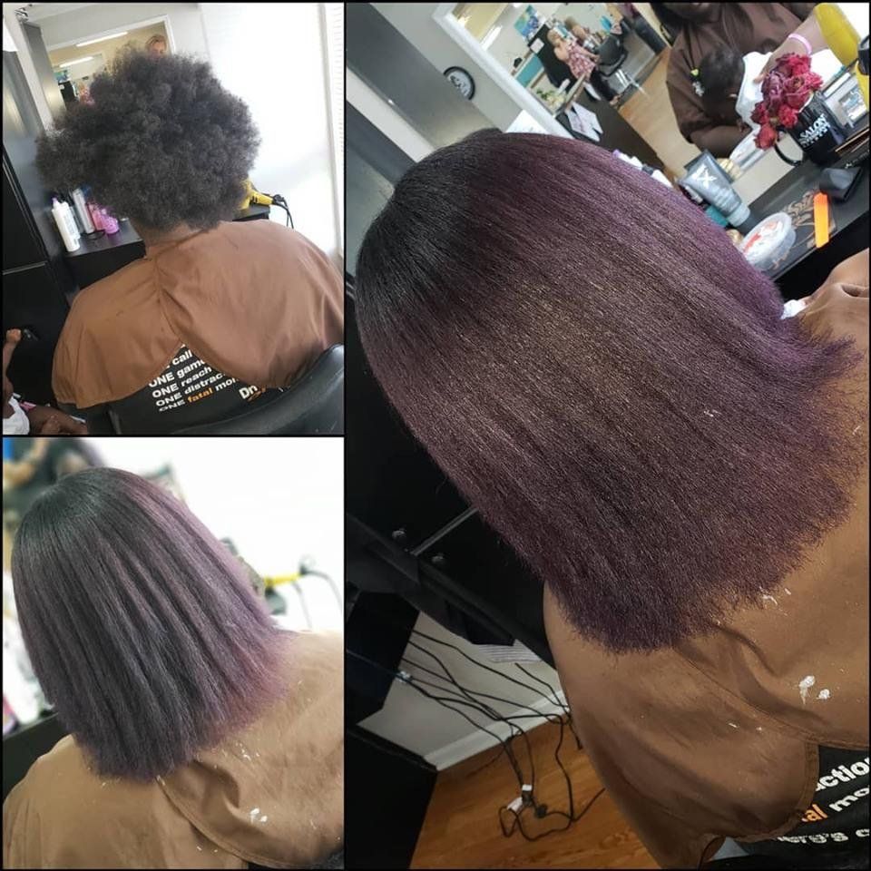 Three-panel salon collage showing a textured afro transformed into a sleek plum-colored bob haircut