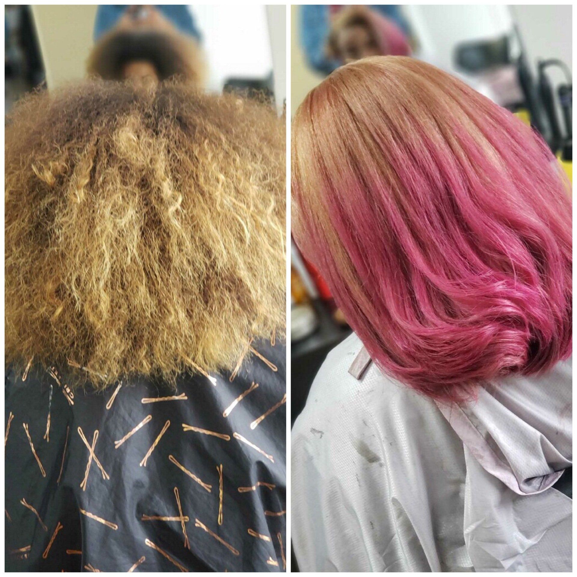 Before-and-after salon hair makeover: frizzy blonde hair transformed into smooth pink waves.