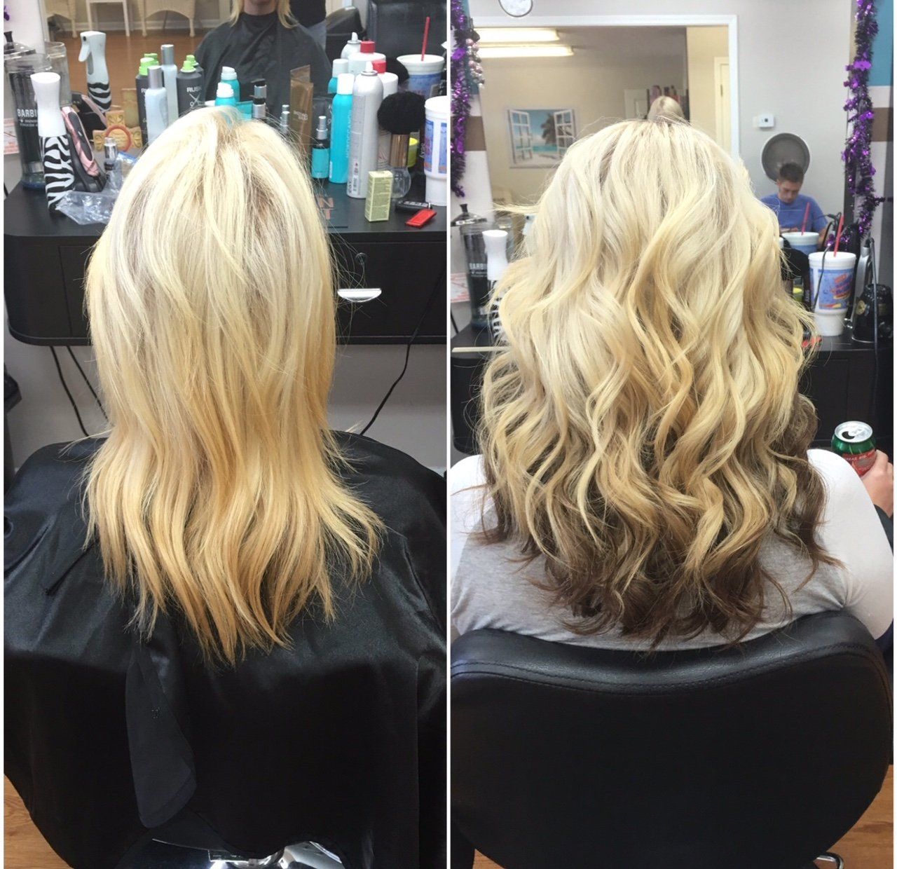 Salon hair makeover: straight blonde hair transformed into voluminous wavy curls, shown in before and after panels