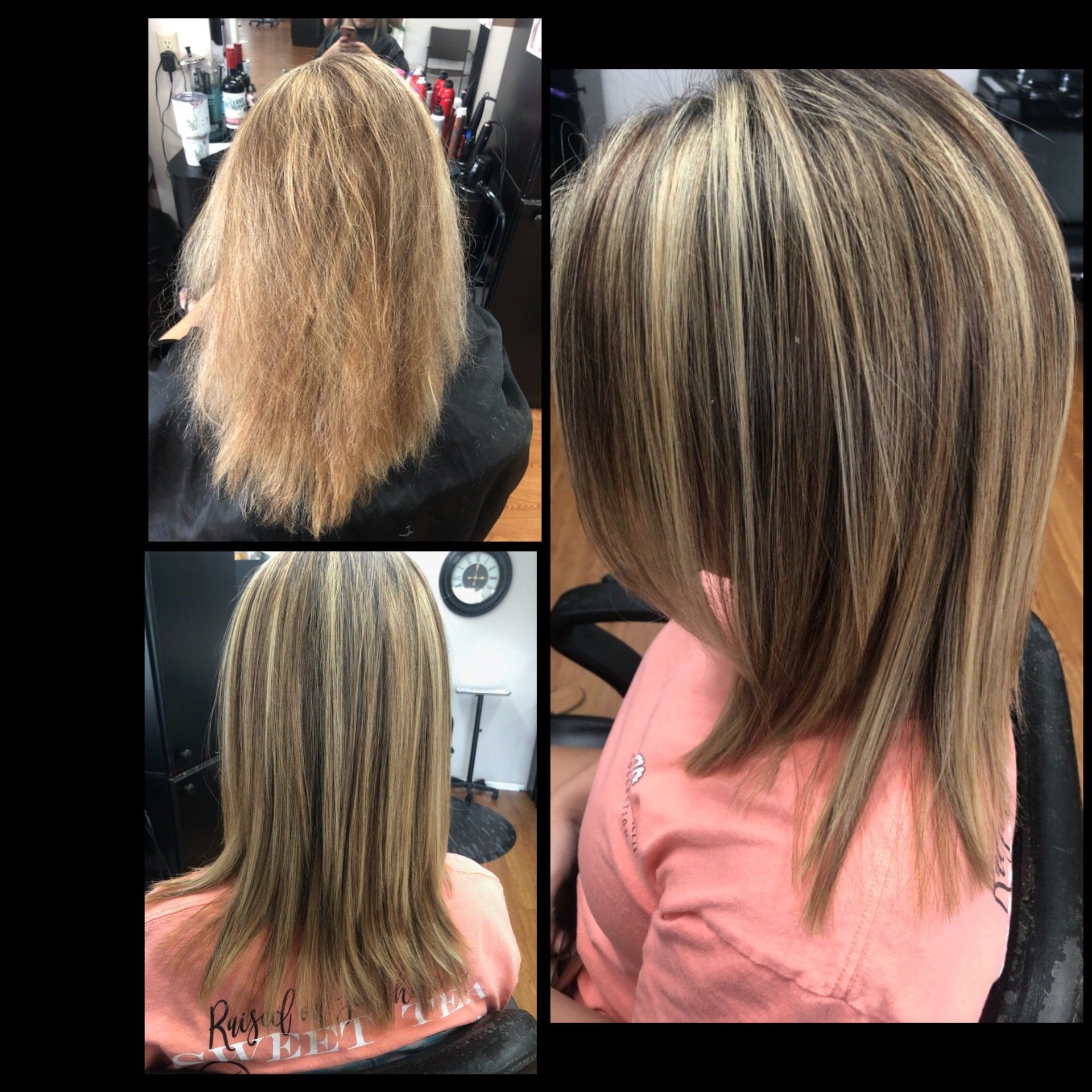 Hair makeover collage showing frizzy blonde hair transformed into smooth, highlighted layered bob haircut