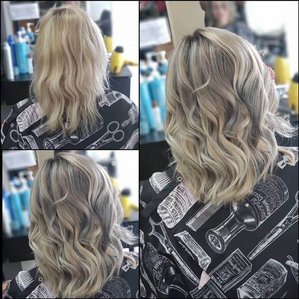 Collage of wavy blonde shoulder-length hair from different angles in a salon chair