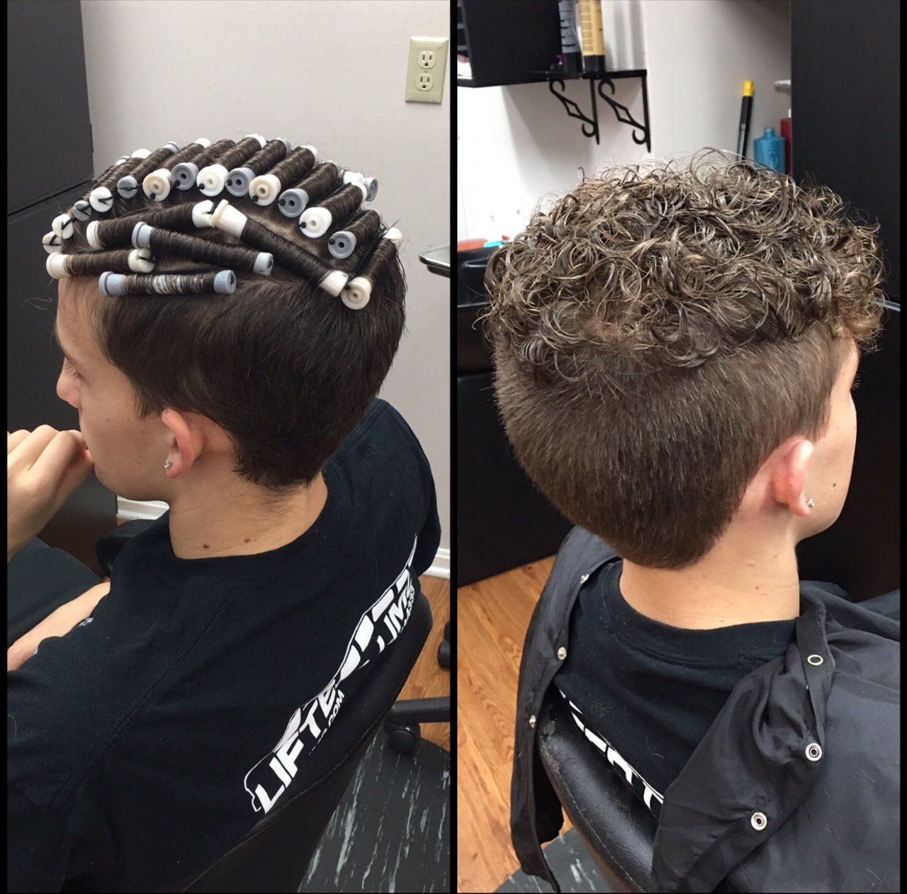 Side-by-side salon photos of a short curly haircut with rod curls on top and a tapered fade on the sides.
