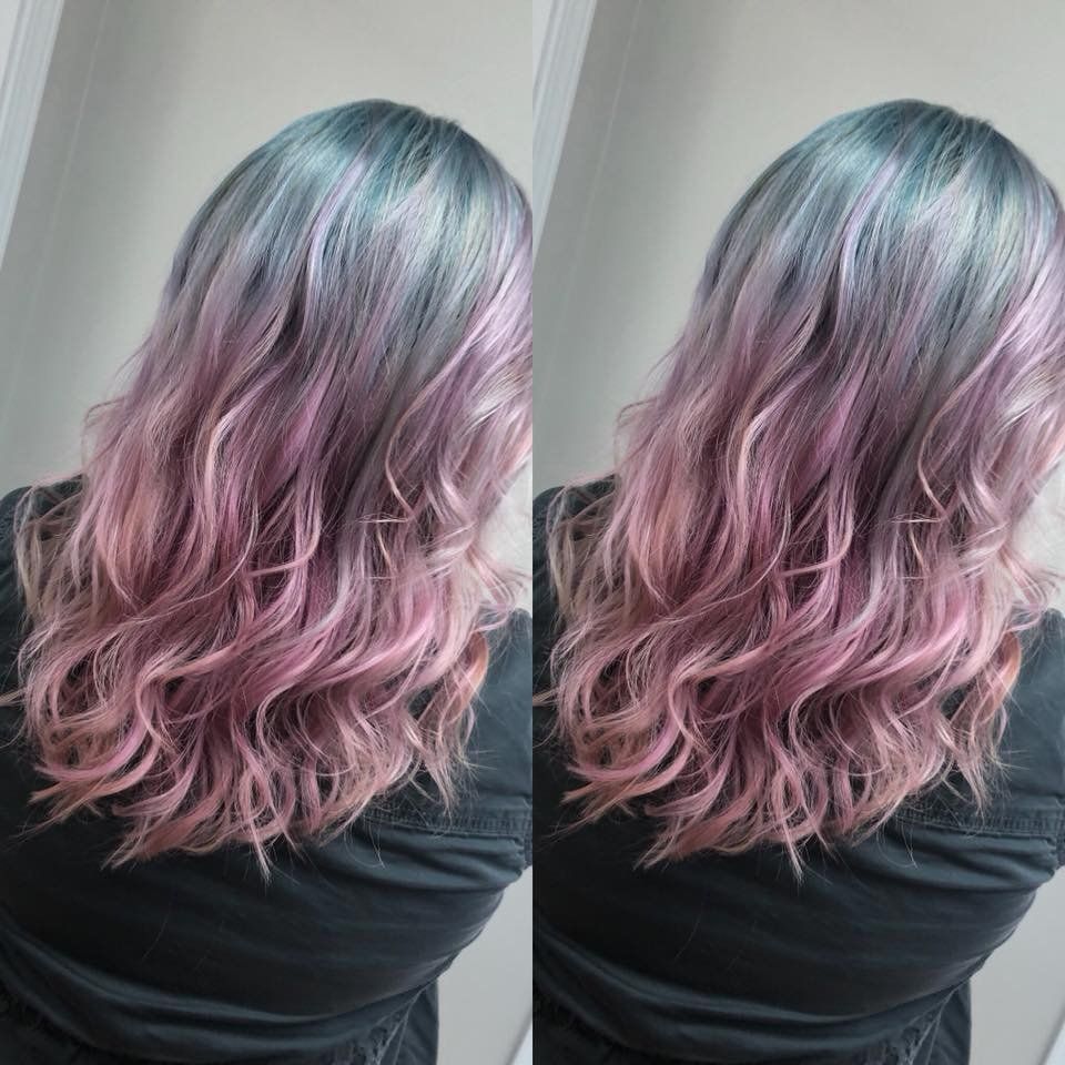 Woman with wavy pastel pink and silver hair, shown from behind in a mirrored side-by-side pose