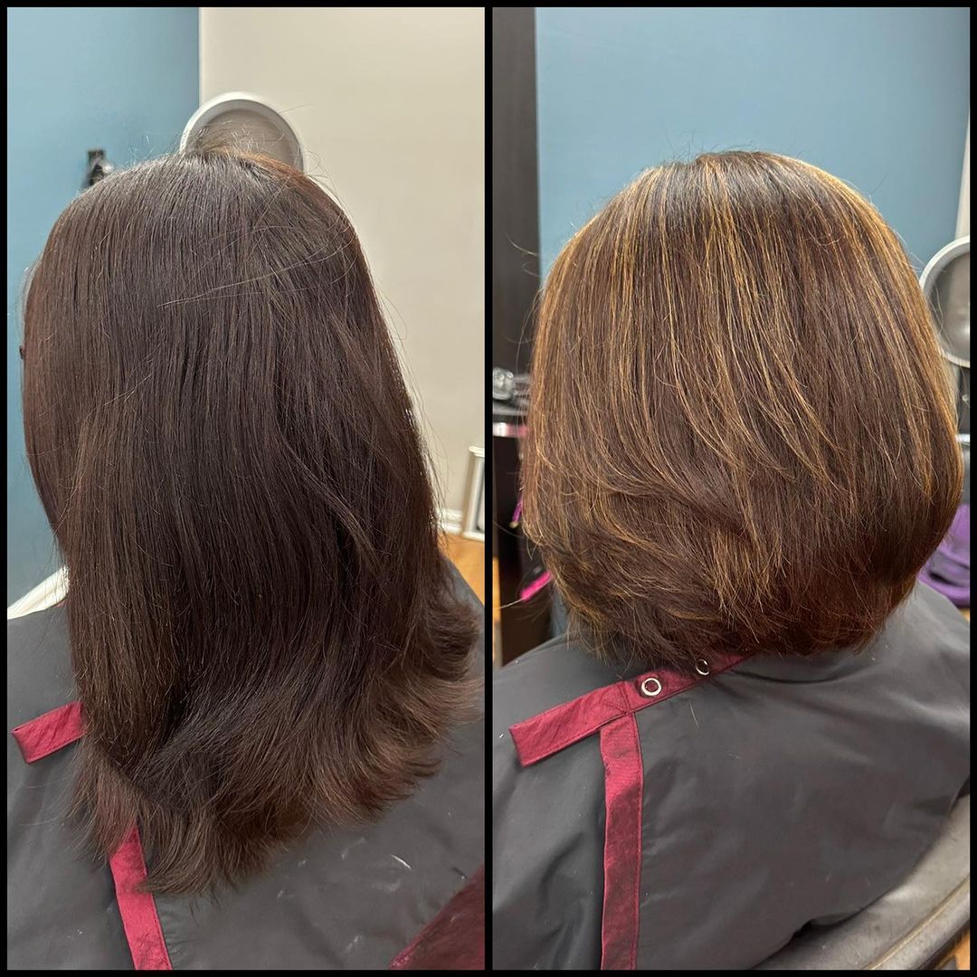 Side-by-side back view of a woman’s hair before and after a haircut, showing shorter layered style.