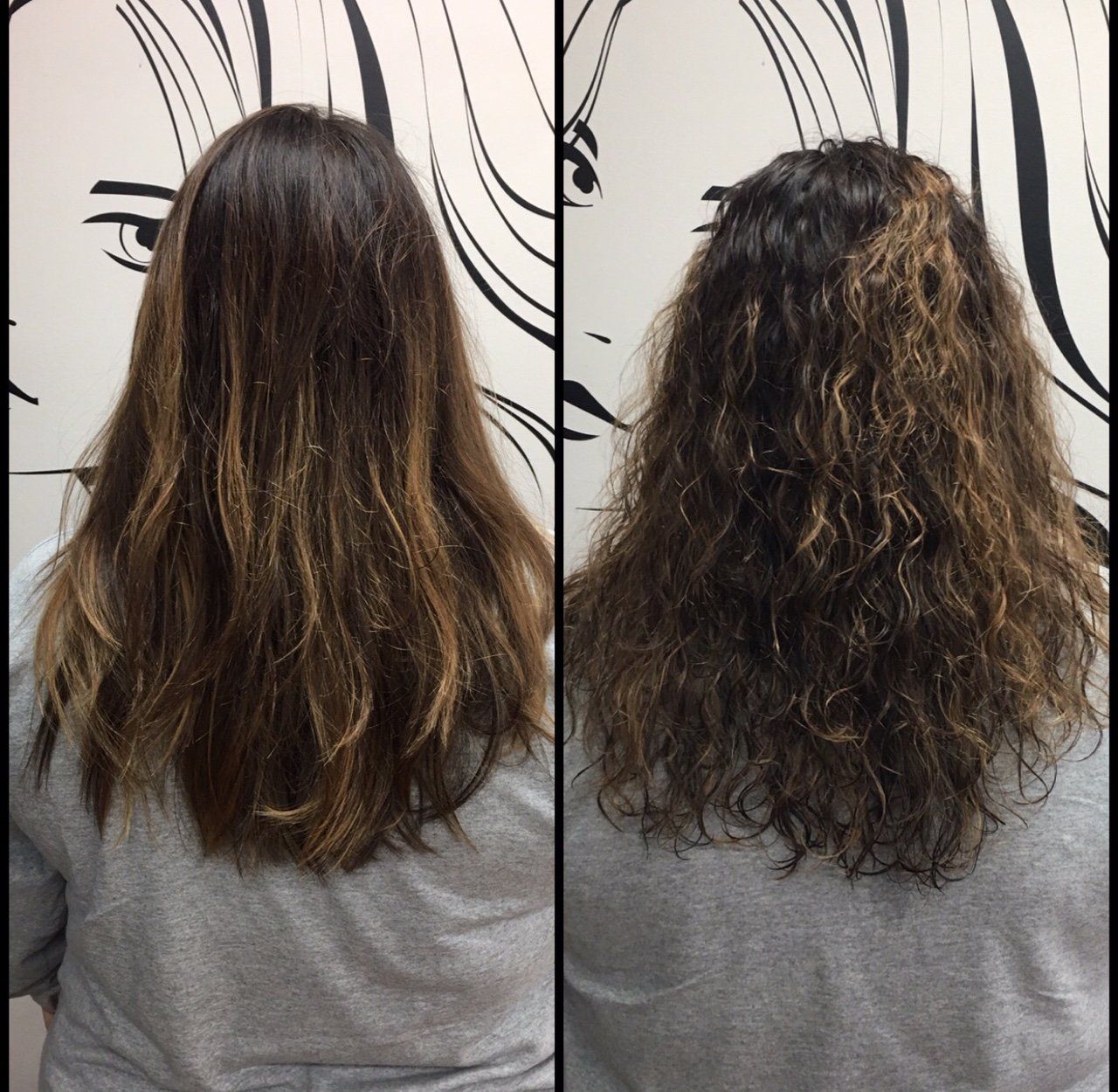 Hair comparison: smoother brown hair on left, curlier frizzy brown hair on right, shown from the back