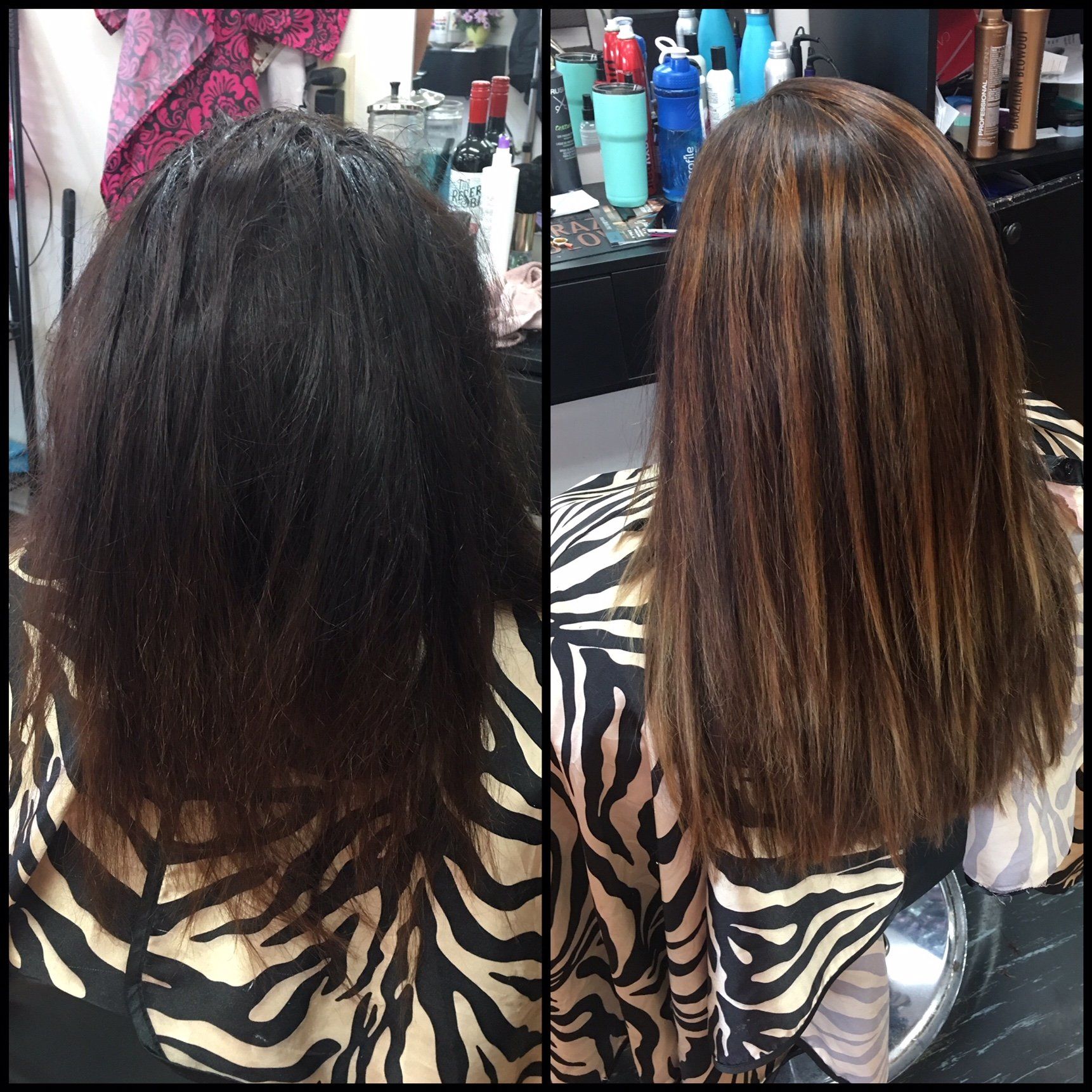 Hair salon before-and-after: dark hair transformed to straight, highlighted brown hair.