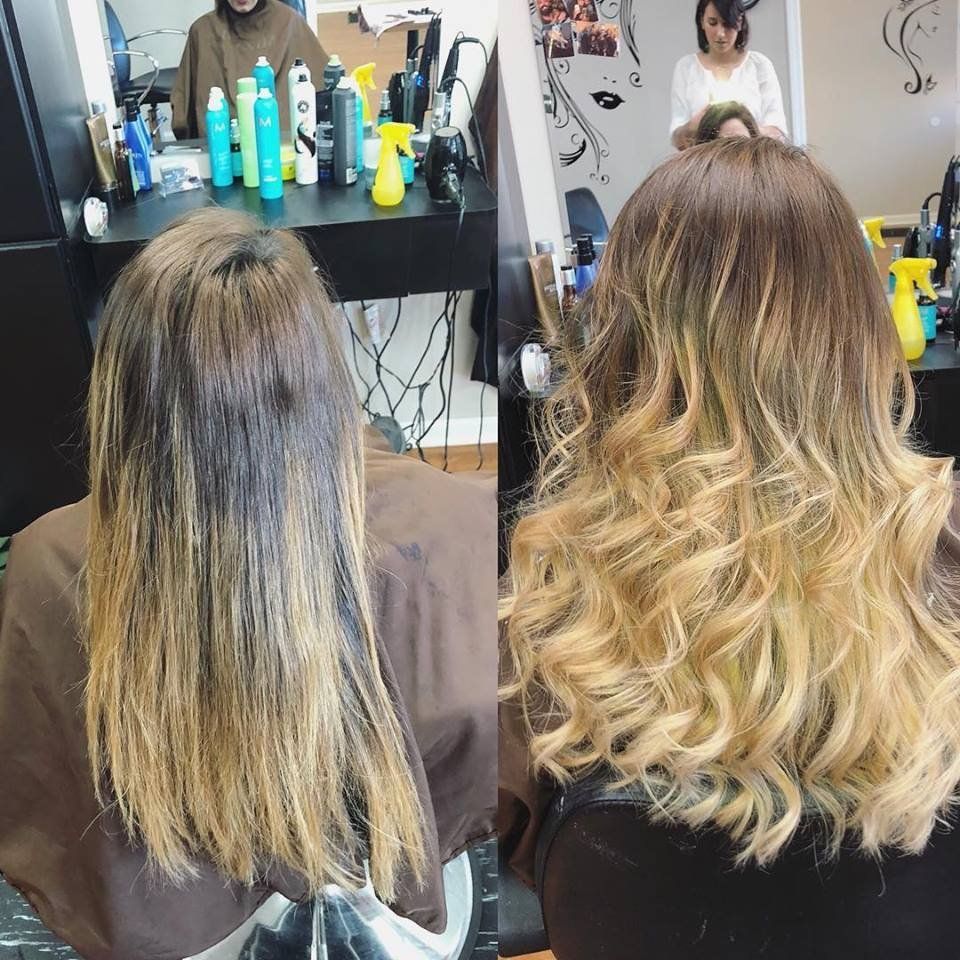 Before-and-after salon hair transformation: straight brown hair to long, curled blonde highlights.