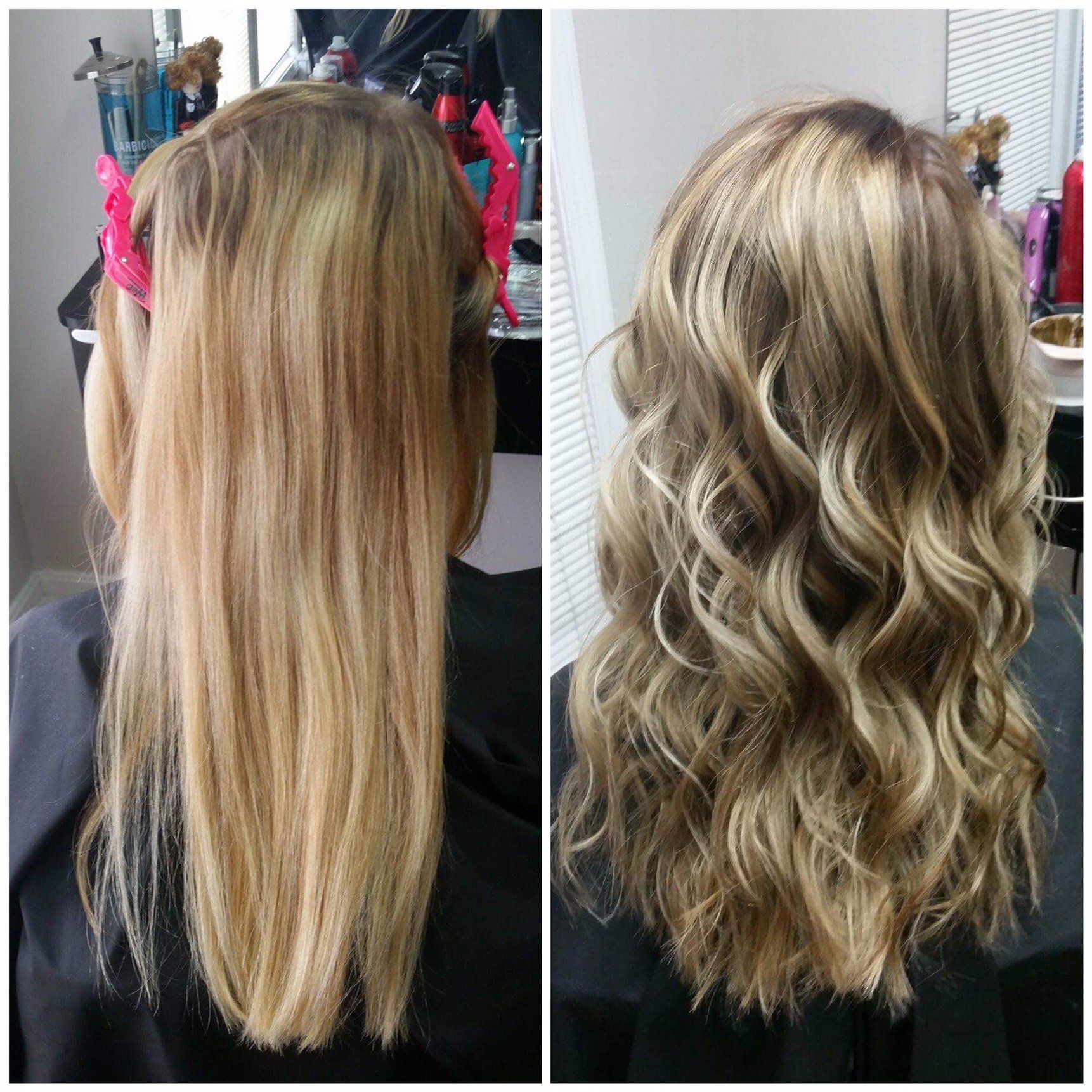 Before-and-after hair styling: straight blonde hair on the left, voluminous wavy blonde hair on the right.