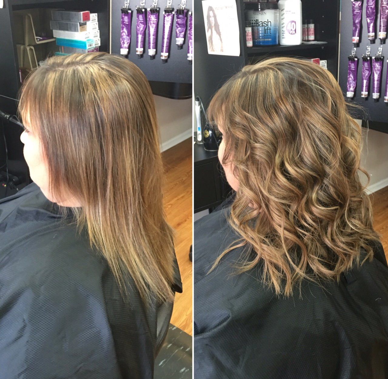 Side-by-side salon hair makeover showing before and after: straight brown hair to curled highlights.