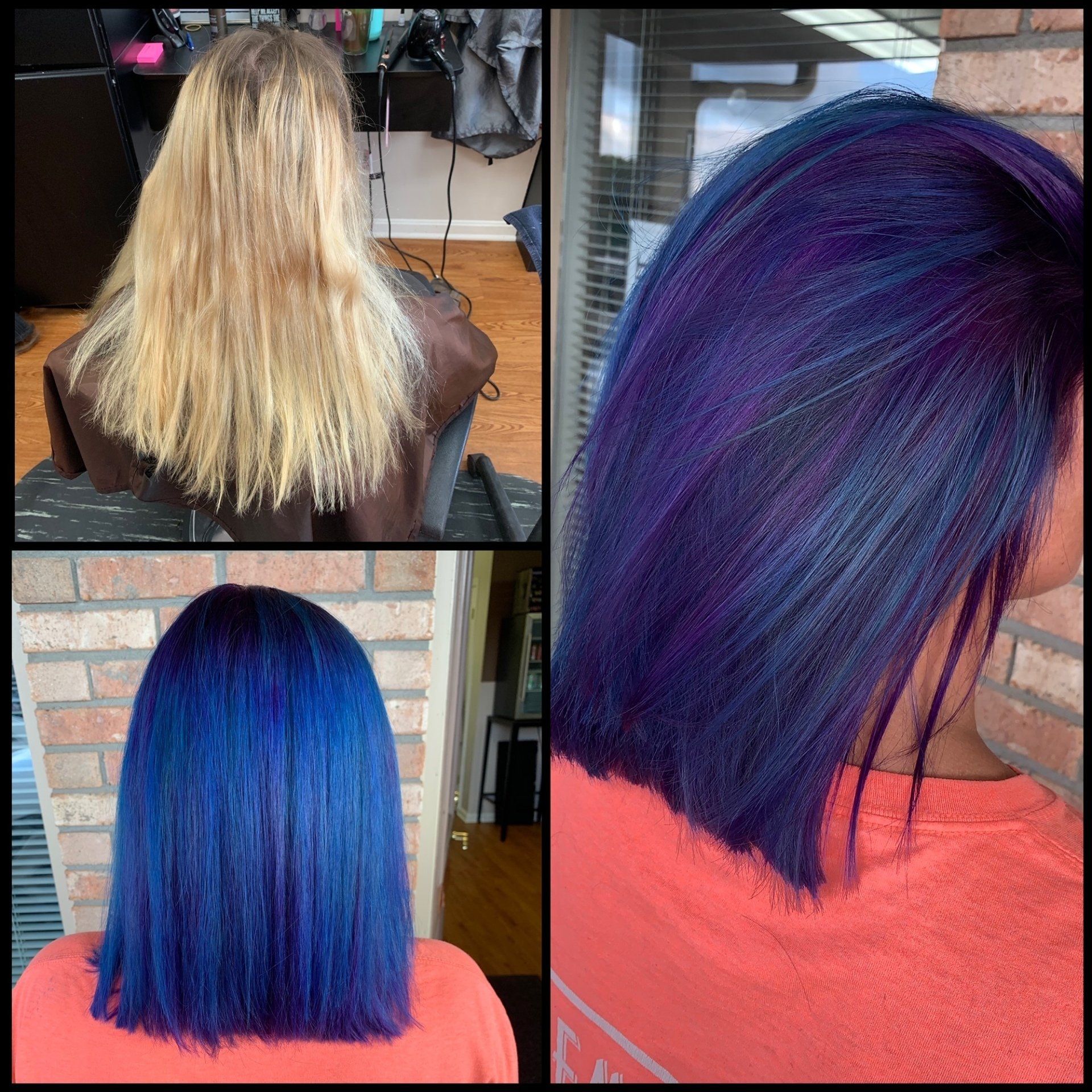 Hair color transformation collage: blonde hair changes to vivid blue and purple dye.