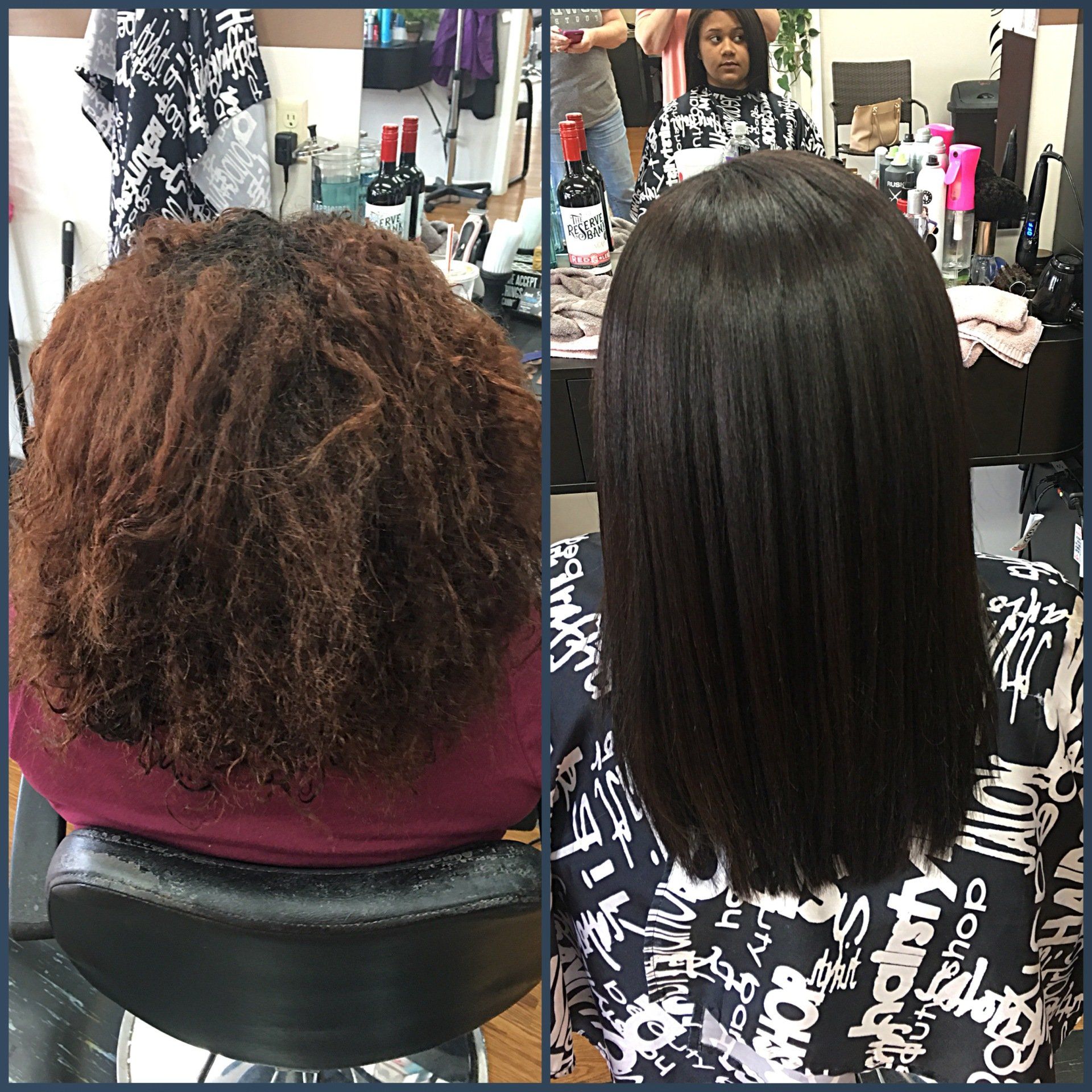 Before-and-after salon hair transformation: frizzy brown hair becomes smooth, straight black hair