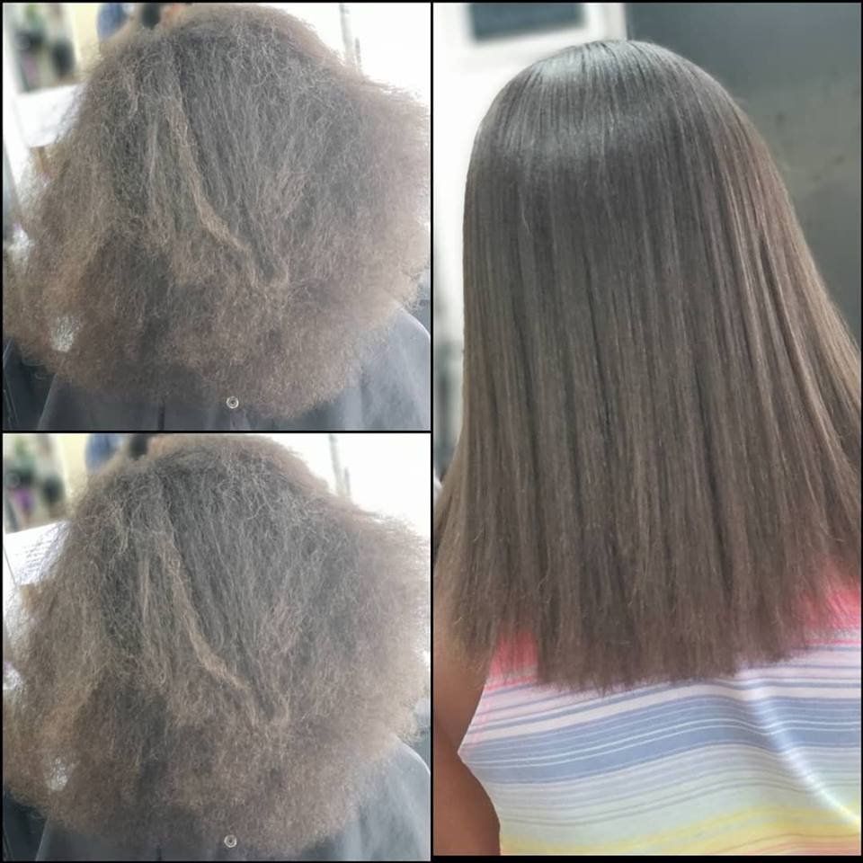 Before-and-after hair transformation: frizzy gray hair on left, smooth straight dark hair on right.