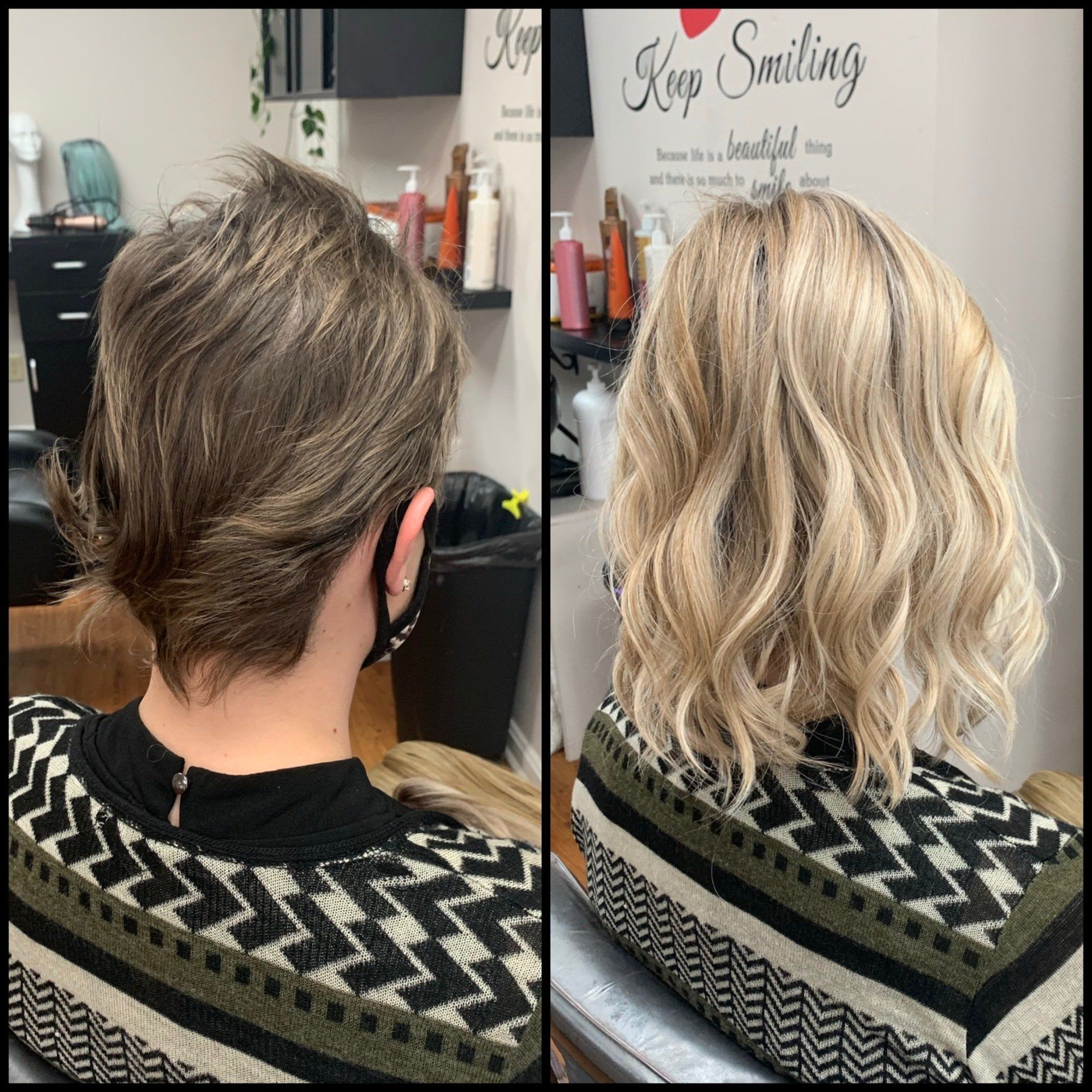 Before-and-after salon photo of a short haircut transformed into a wavy blonde bob with highlights.