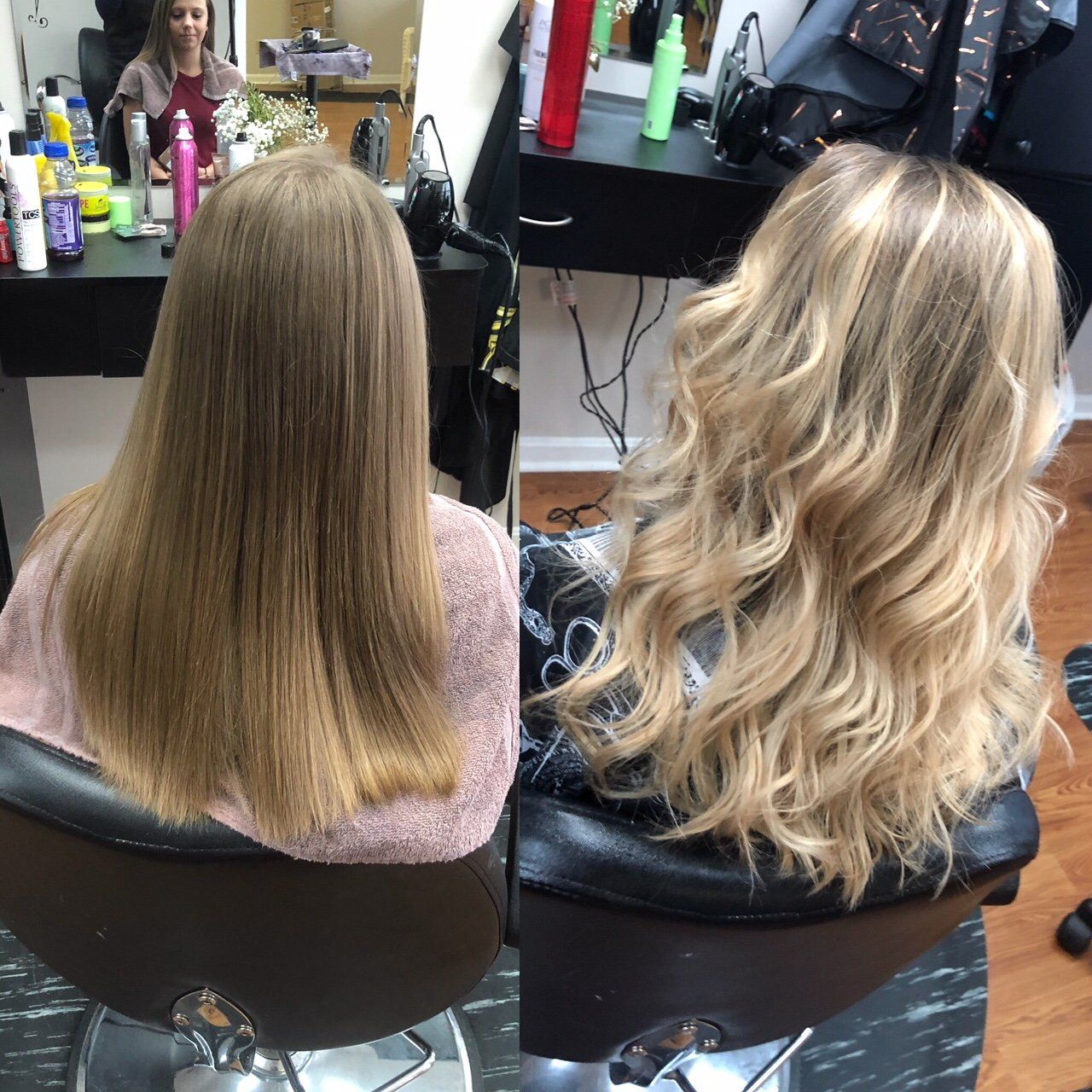 Salon before-and-after of long hair transformed from straight blonde to wavy highlights