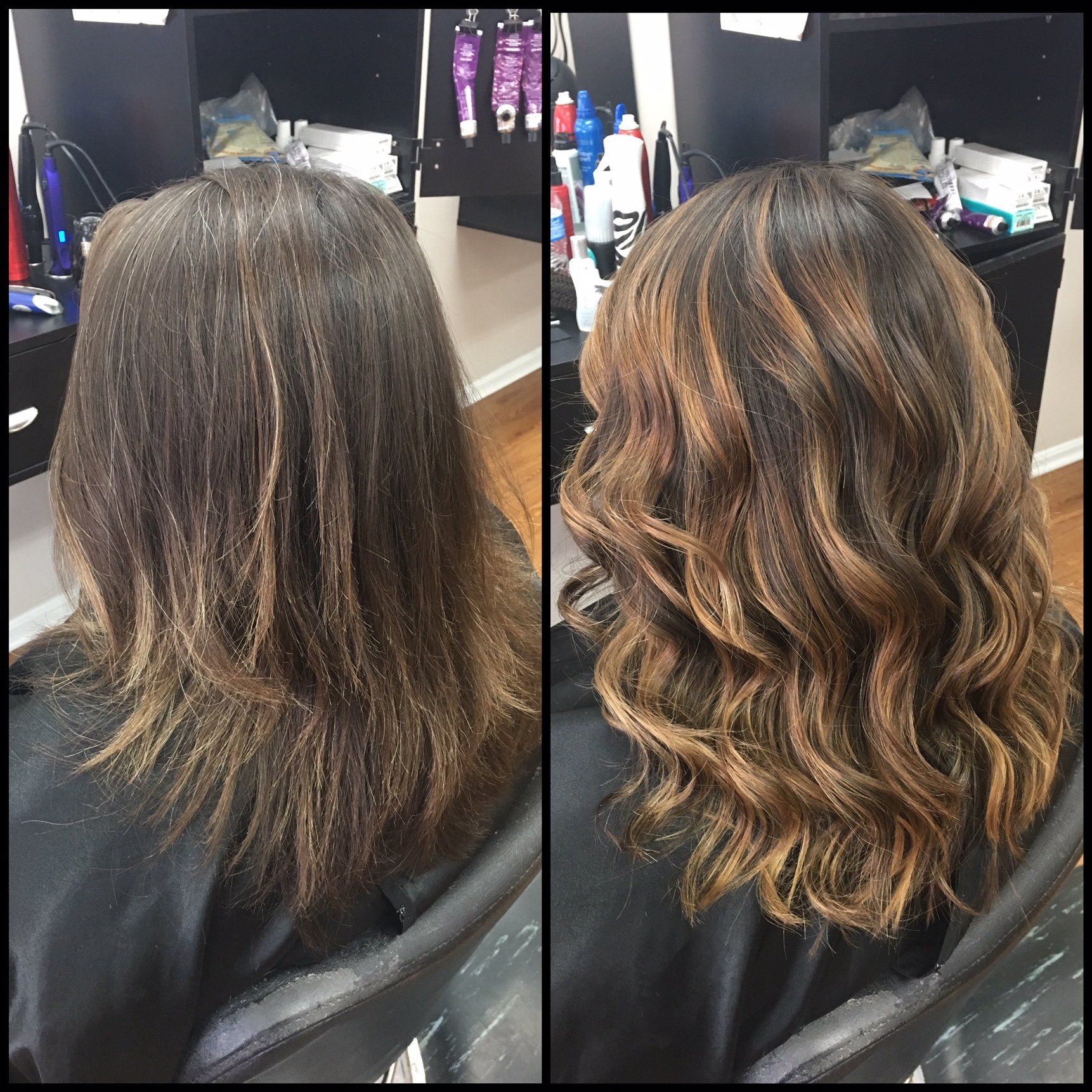 Before-and-after salon hairstyle: flat dark hair transformed into highlighted, curled waves.