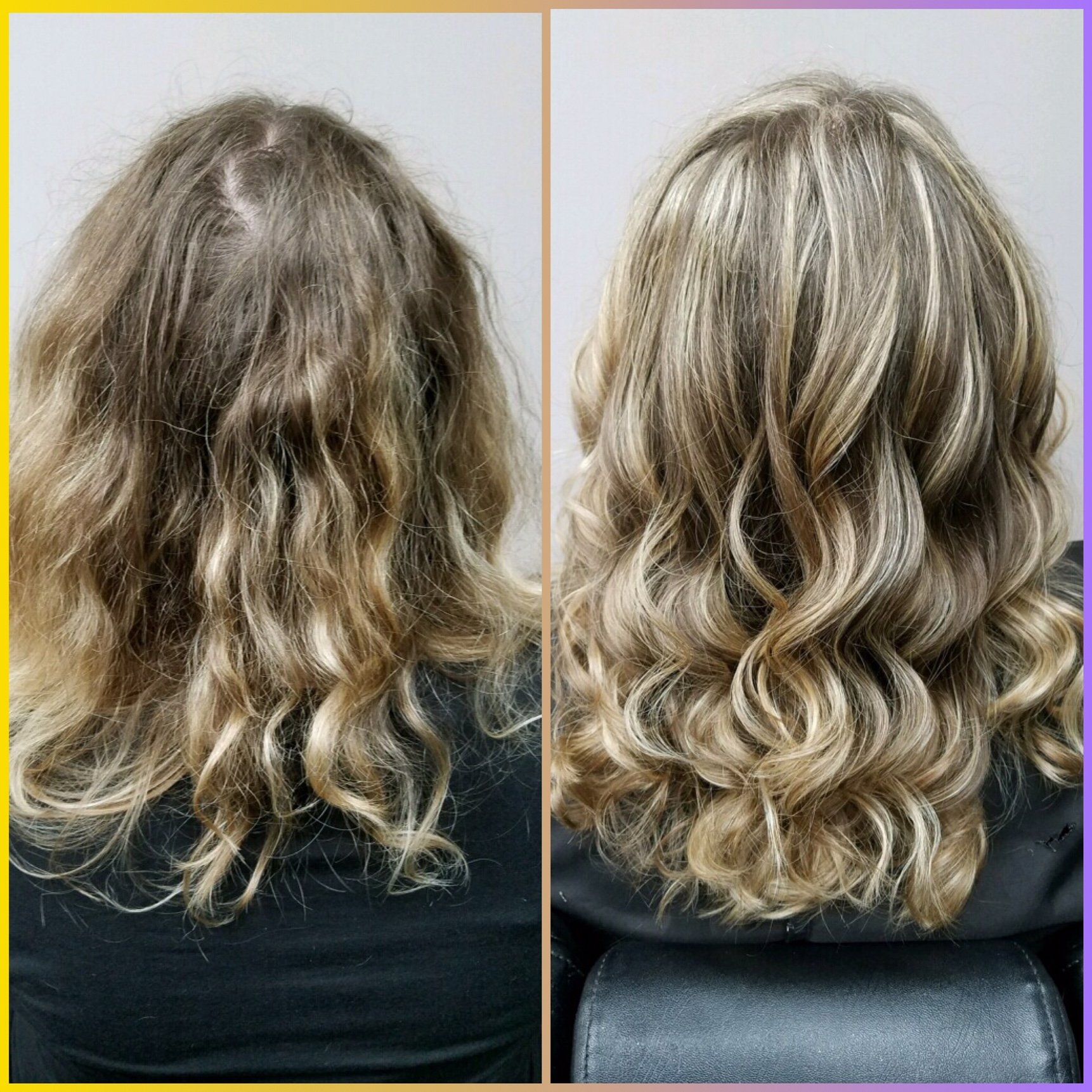Back view of wavy blonde hair before and after styling, split-screen comparison