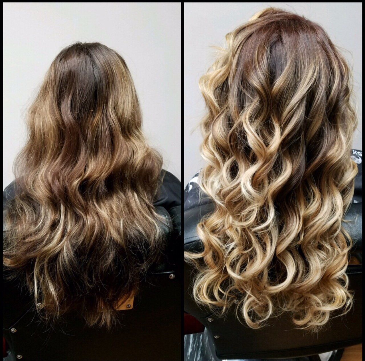 Before-and-after hairstyle: long wavy brown hair transformed into voluminous blonde-highlighted curls.