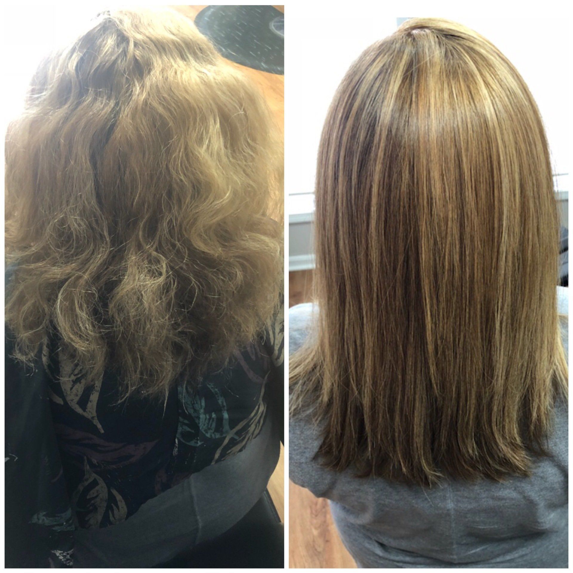Before-and-after view of hair: frizzy wavy blonde hair transformed into smooth, straight highlighted hair.