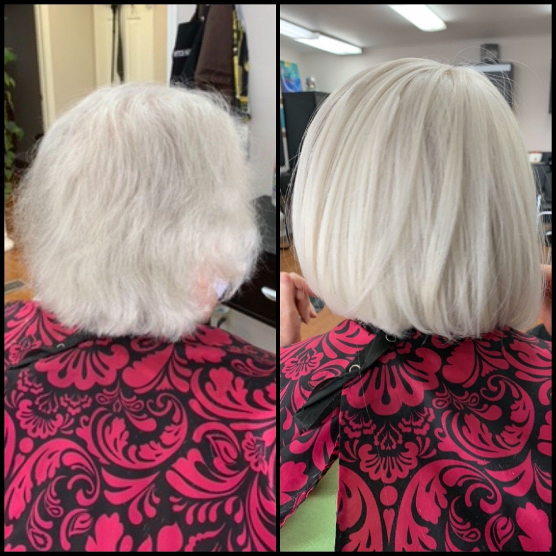 Side-by-side salon hair makeover: short white hair transformed into a smooth chin-length bob.